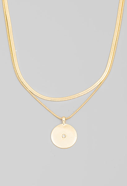 Layered Snake Chain Disc Pendant Necklace