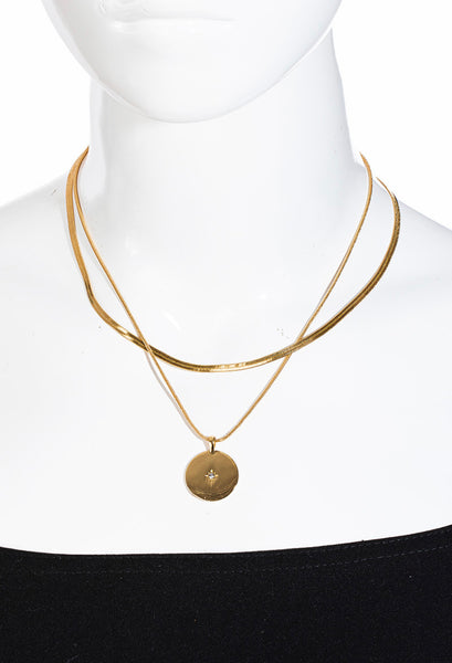 Layered Snake Chain Disc Pendant Necklace