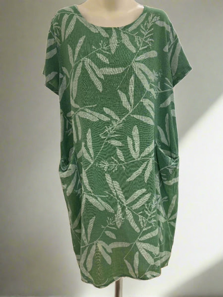Short Sleeve Cotton& Linen  Print Dress - Italian