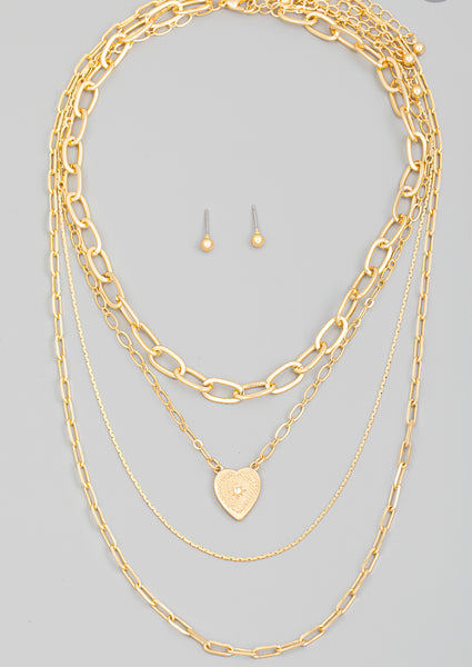 Layered Chain Link Heart Charm Necklace Set
