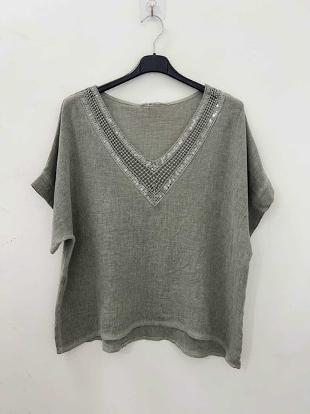 Sequin Neck Linen/Cotton Mix Top - Italian