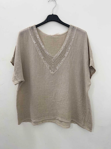 Sequin Neck Linen/Cotton Mix Top - Italian