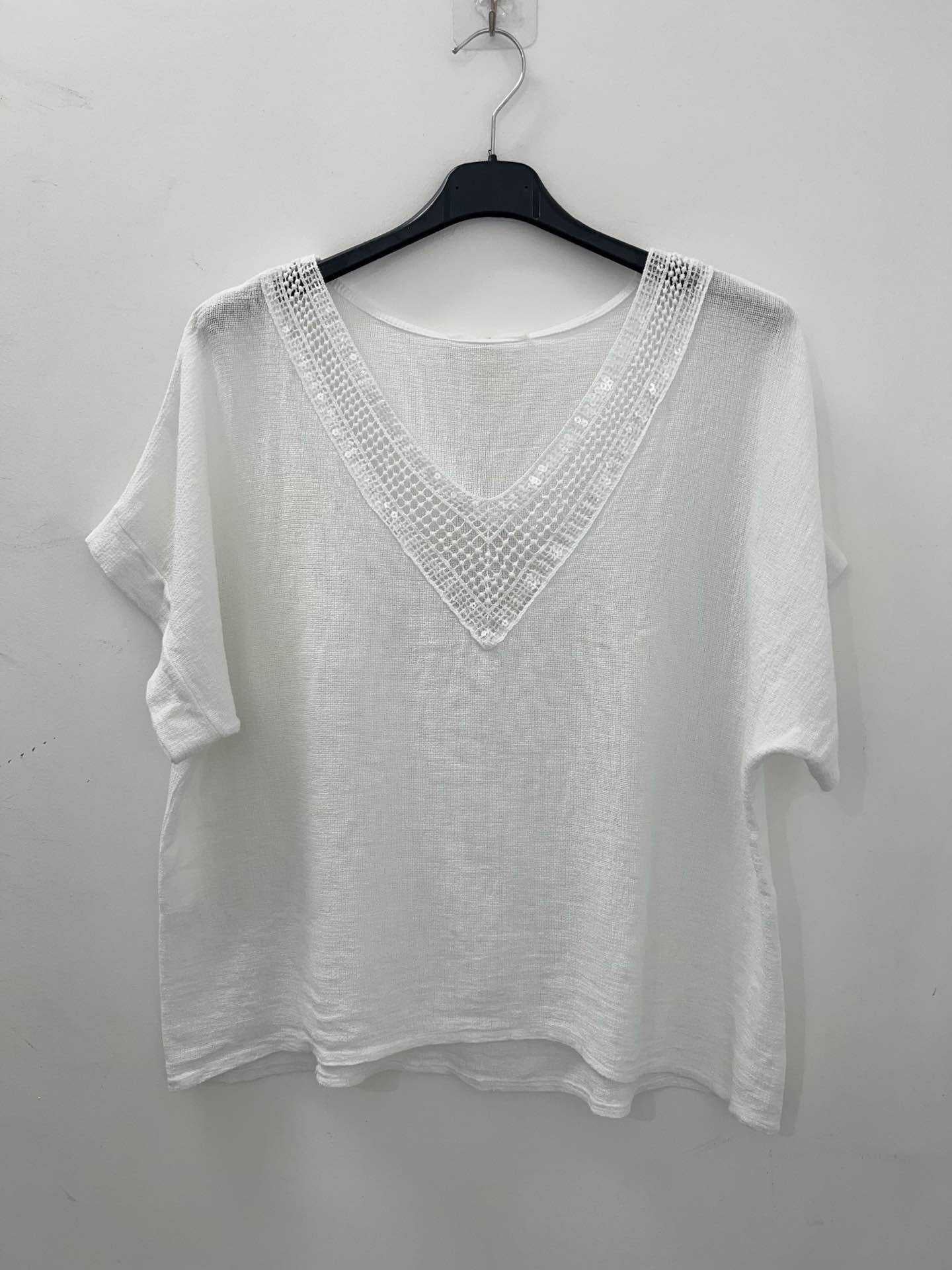 Sequin Neck Linen/Cotton Mix Top - Italian