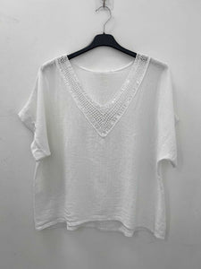 Sequin Neck Linen/Cotton Mix Top - Italian