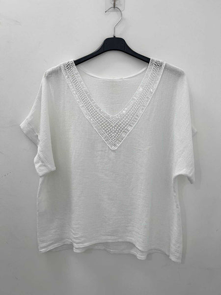 Sequin Neck Linen/Cotton Mix Top - Italian