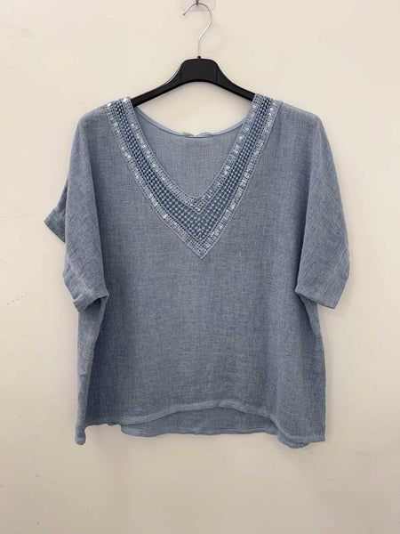 Sequin Neck Linen/Cotton Mix Top - Italian