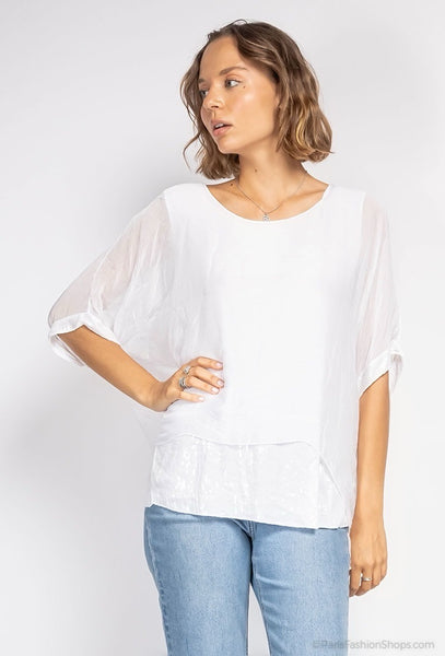 Sequin Trim Layered Silk Top - Italian