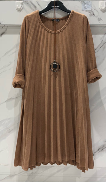 Long Sleeve Pleat Wool Mixed Dress
