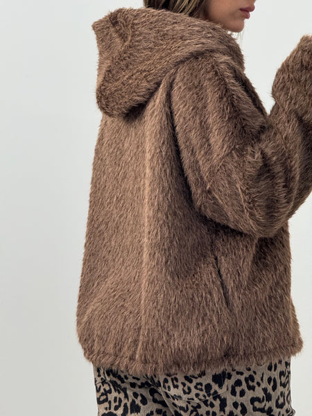 Zipper Front Fur Jacket With Hoodie