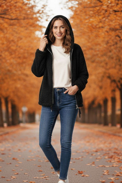 Zipper Front Fur Jacket With Hoodie