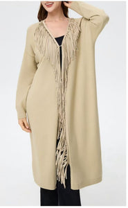 Fringe Trim Long Cardigan