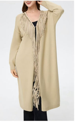 Fringe Trim Long Cardigan
