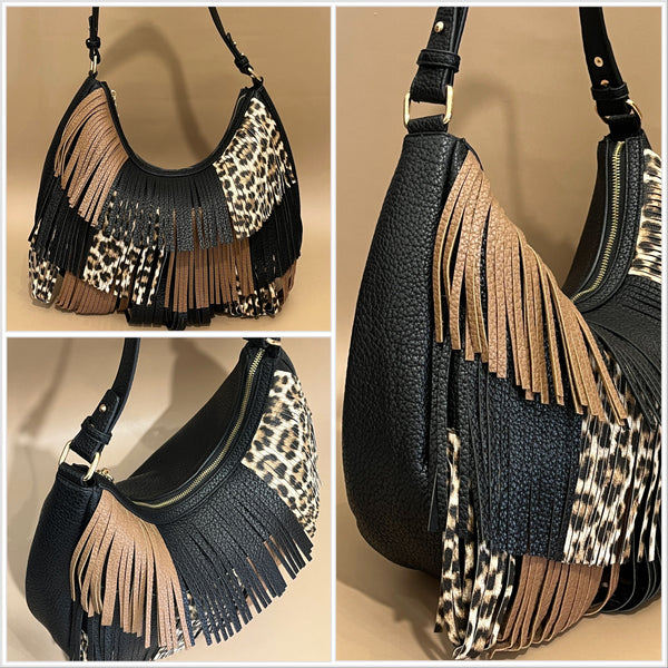 Animal Print Hand Bag with Fringes