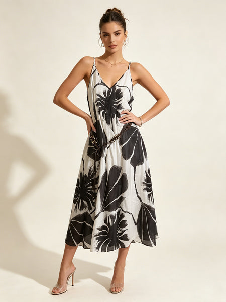 Sleeveless Leaf Print Dress