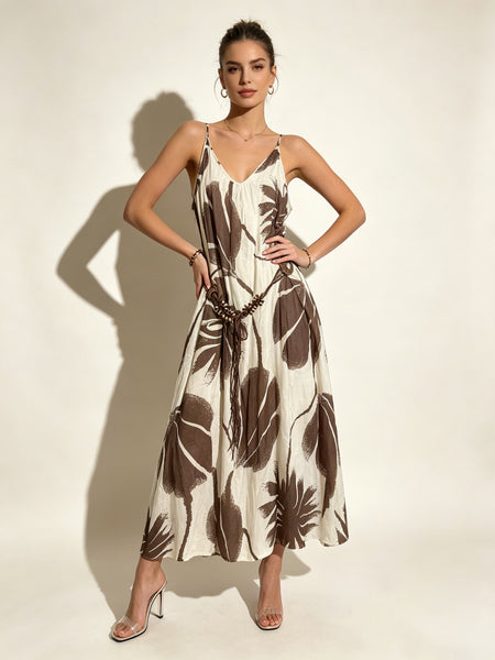 Sleeveless Leaf Print Dress