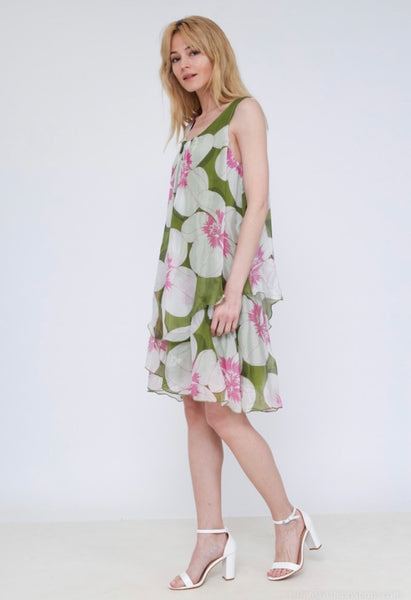 Sleeveless Floral Print Silk Dress - Italian