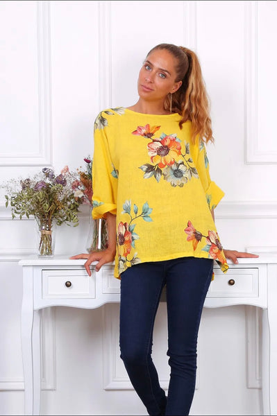 Long Sleeve Floral Print Linen Top- Italian