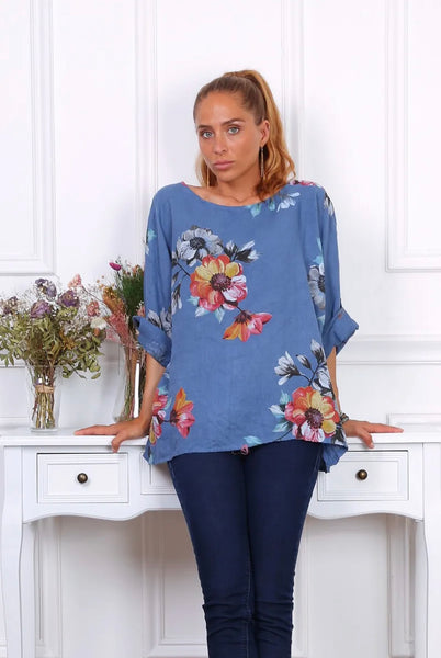 Long Sleeve Floral Print Linen Top- Italian