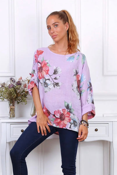 Long Sleeve Floral Print Linen Top- Italian
