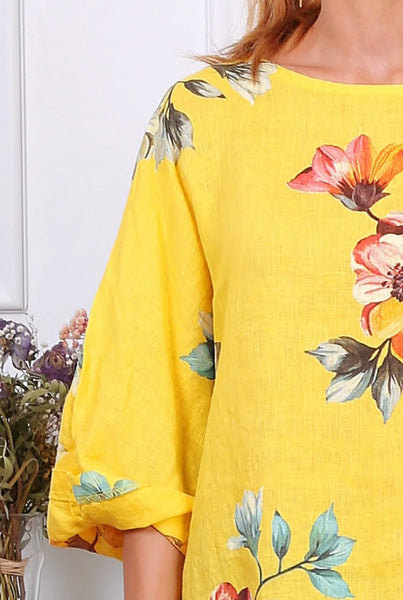 Long Sleeve Floral Print Linen Top- Italian