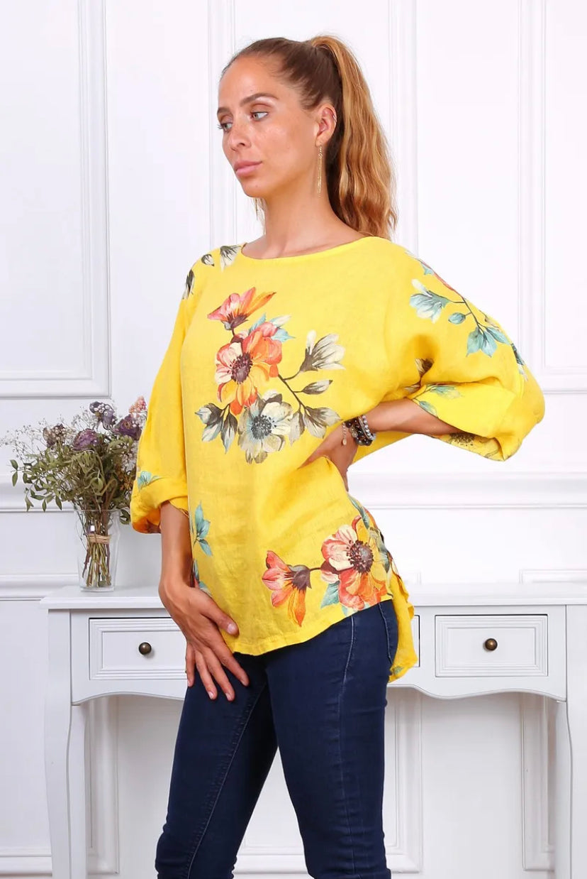 Long Sleeve Floral Print Linen Top- Italian