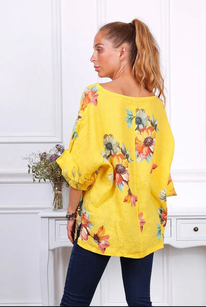 Long Sleeve Floral Print Linen Top- Italian