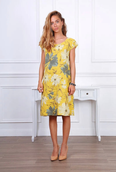 Cap Sleeve Floral Linen Dress - Italian