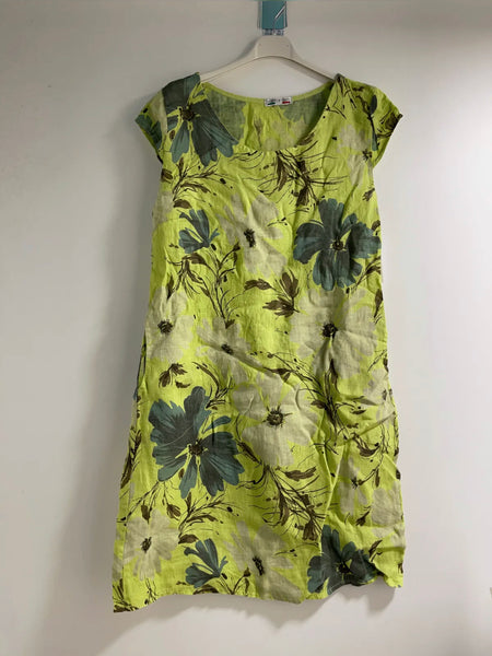 Cap Sleeve Floral Linen Dress - Italian