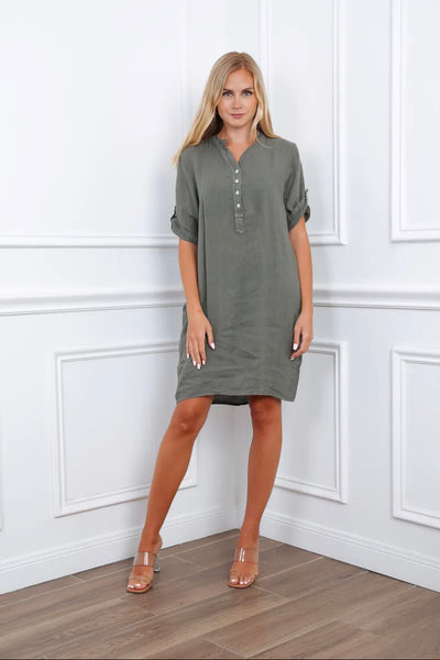 Short Sleeve Linen Dress - Italian