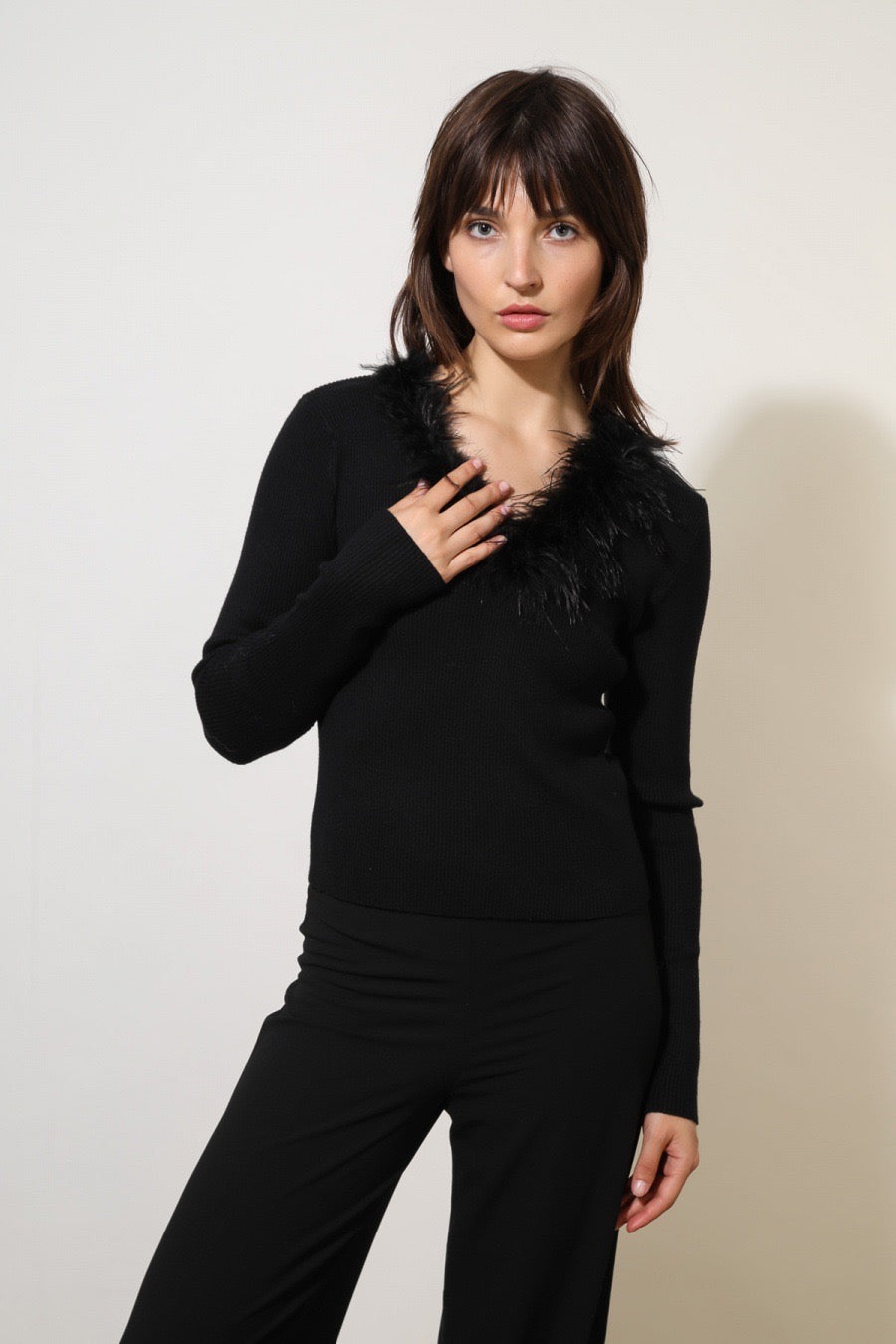 Long Sleeve Feather Collar Sweater