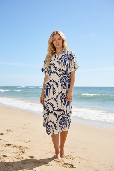 Short Sleeve Palm Print Dress
