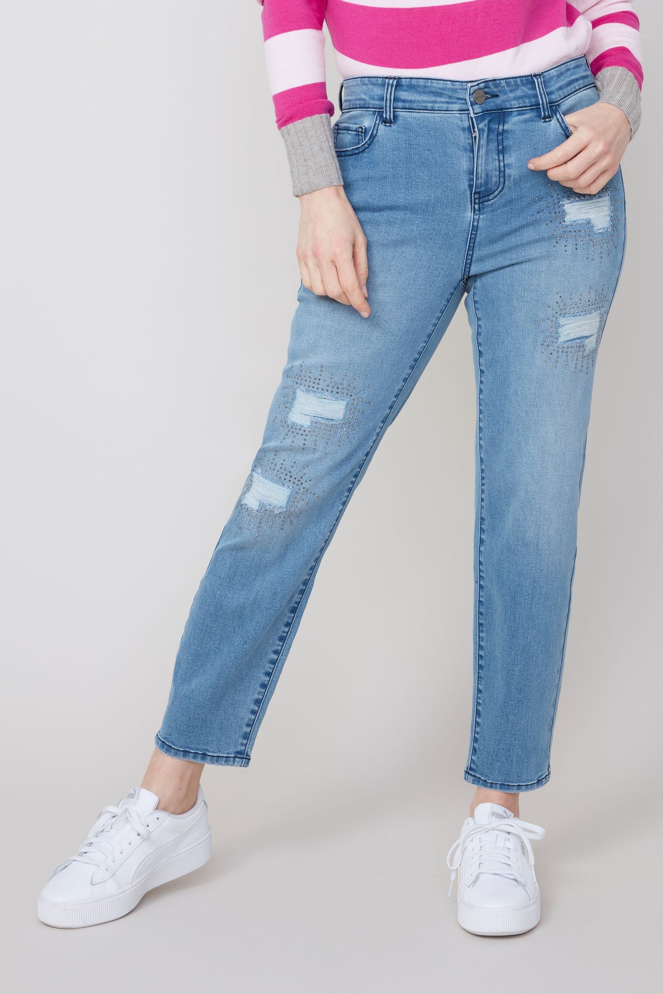 5 Pocket Ripped & Embellished Jeans