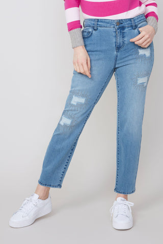 5 Pocket Ripped & Embellished Jeans