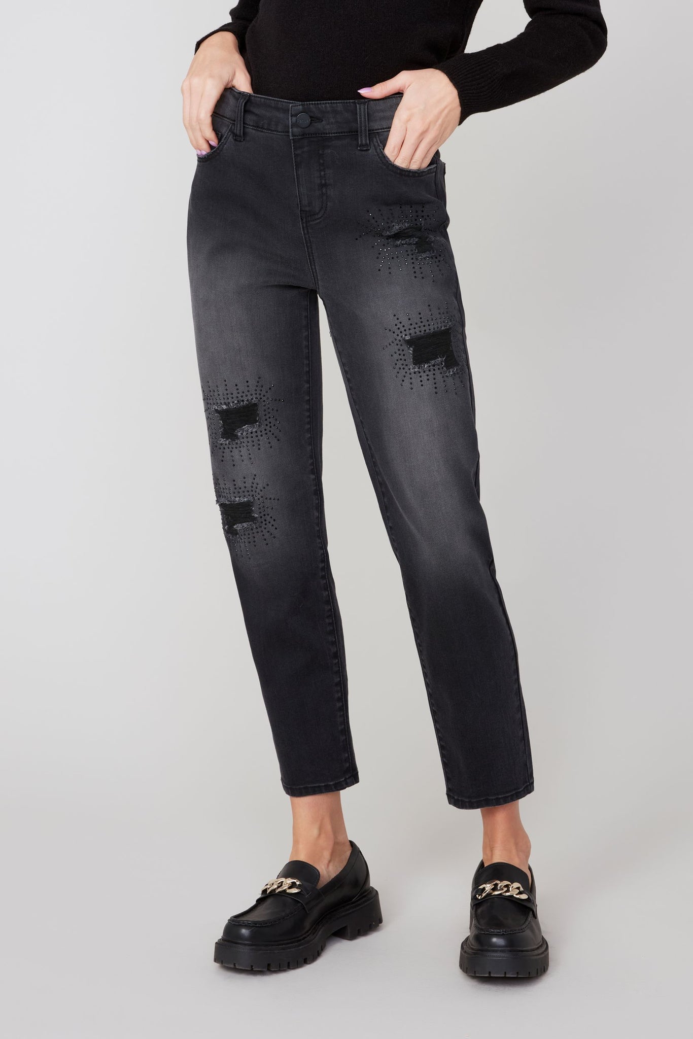 5 Pocket Ripped & Embellished Jeans