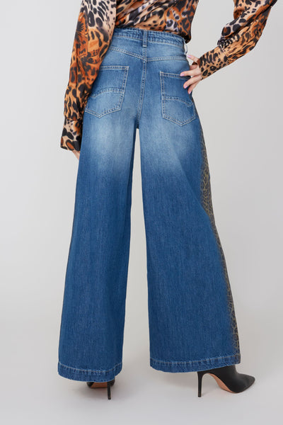 5 Pocket Wide Leg Denim Pants With Animal Print Trim