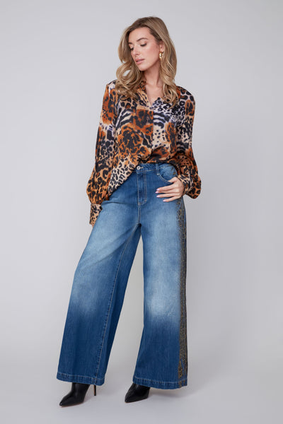 5 Pocket Wide Leg Denim Pants With Animal Print Trim