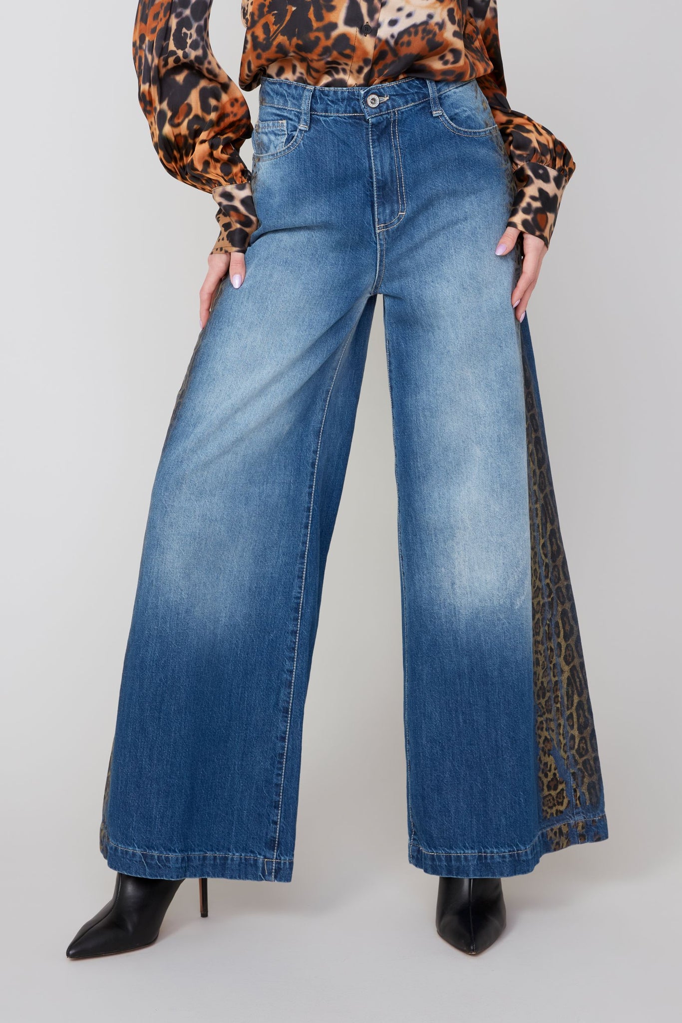 5 Pocket Wide Leg Denim Pants With Animal Print Trim