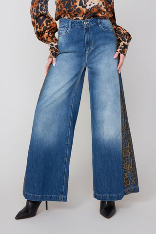 5 Pocket Wide Leg Denim Pants With Animal Print Trim