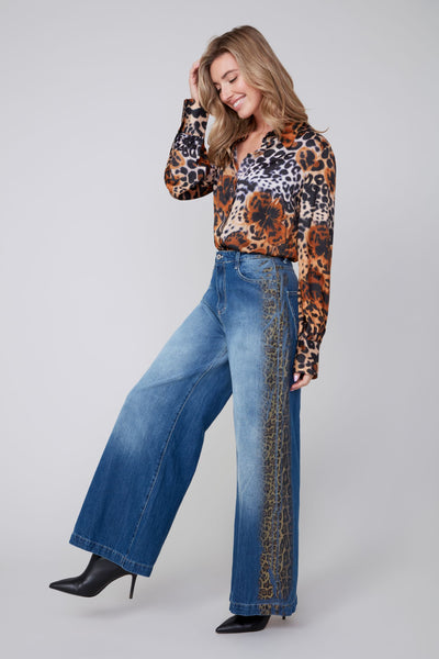 5 Pocket Wide Leg Denim Pants With Animal Print Trim