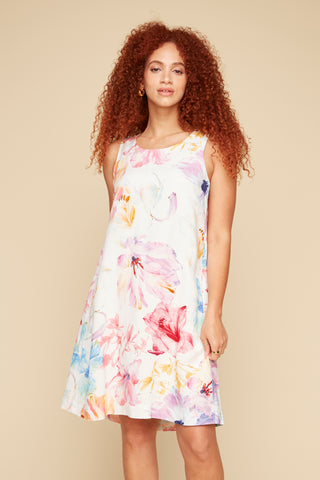 Sleeveless Print Linen Mix Dress