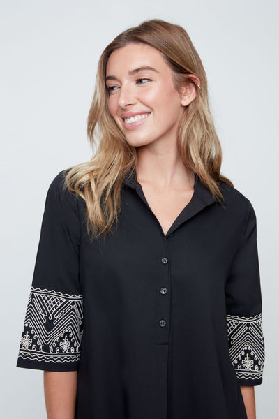 3/4 Sleeve Dress With Embroidery Trim