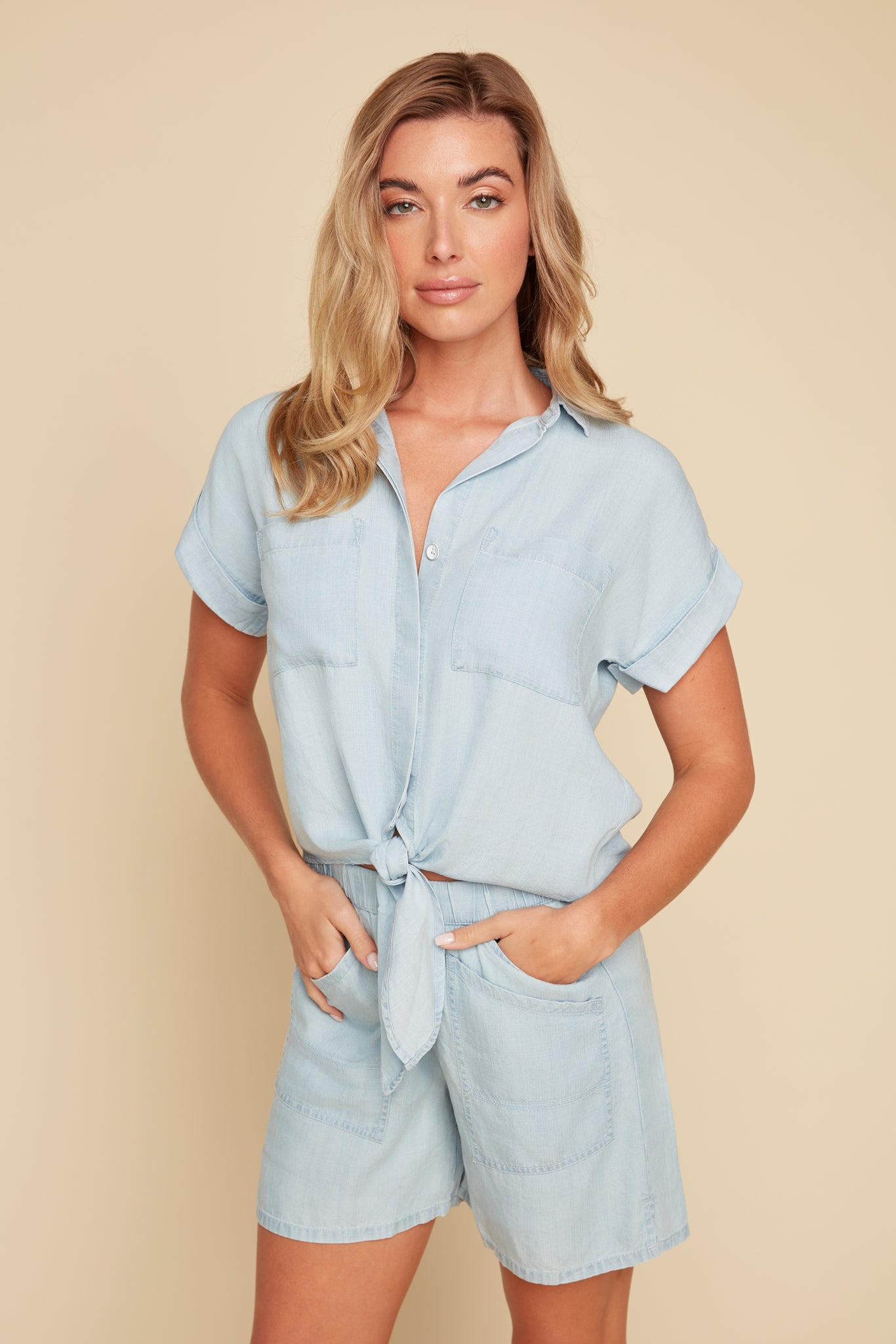 Short Sleeve Tie Front Tencel Shirt