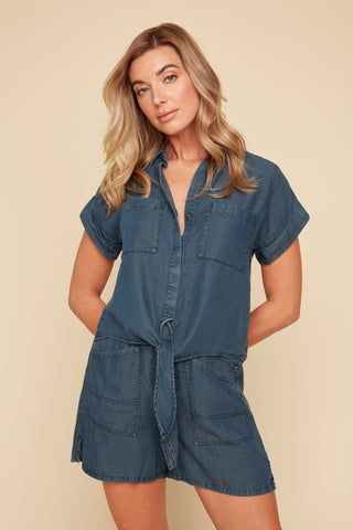 Short Sleeve Tie Front Tencel Shirt