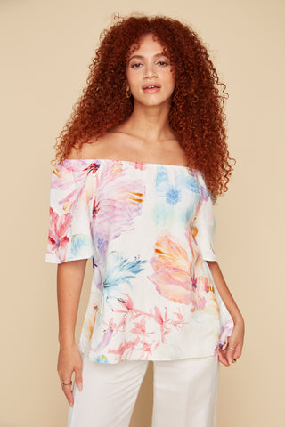 Off-Shoulder Print Linen Blouse