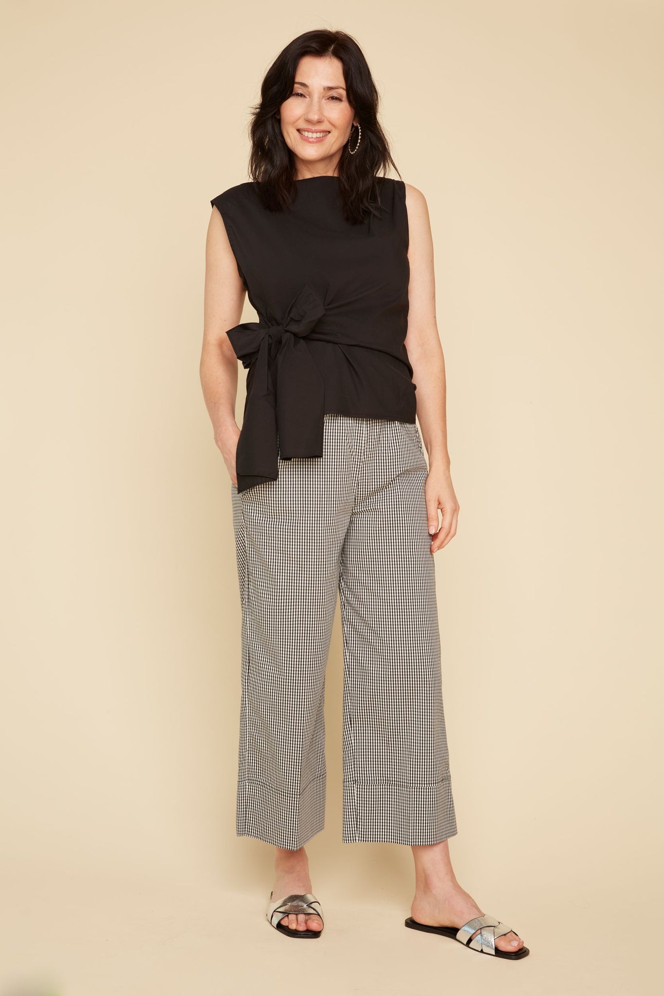 Checkered Wide Leg Cotton Mix Pants