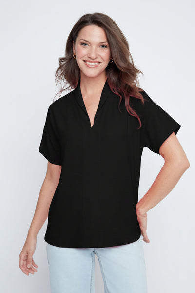 Short Sleeve V-Neck High Twist Woven Top