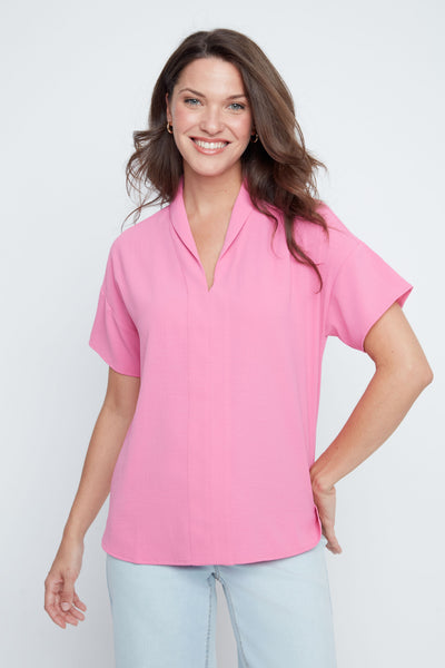 Short Sleeve V-Neck High Twist Woven Top