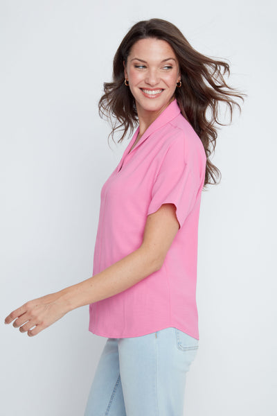 Short Sleeve V-Neck High Twist Woven Top