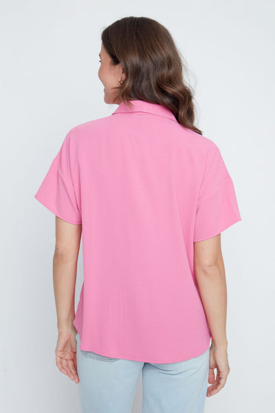 Short Sleeve V-Neck High Twist Woven Top