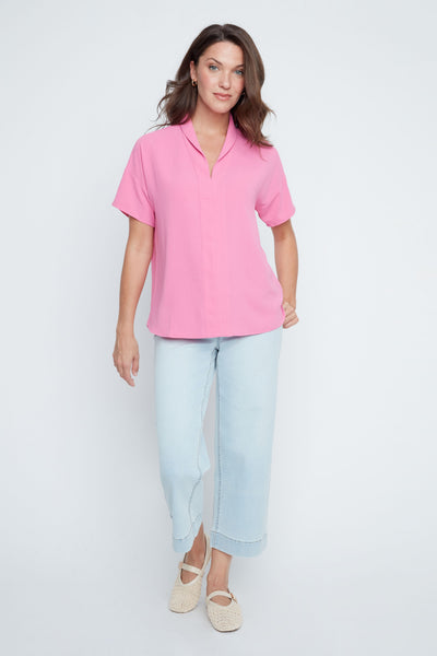 Short Sleeve V-Neck High Twist Woven Top